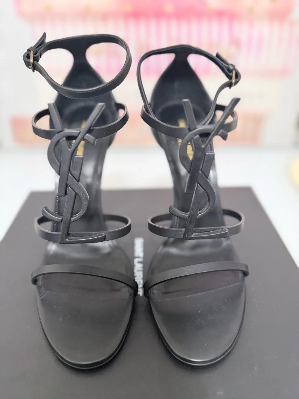 Saint Laurent Black Leather YSL Logo Ankle-Strap Stiletto Sandals - Picture 2 of 12